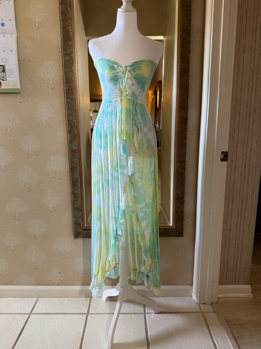 Tiare Hawaii Strapless Tie-Dye Maxi Dress in Mint & Yellow